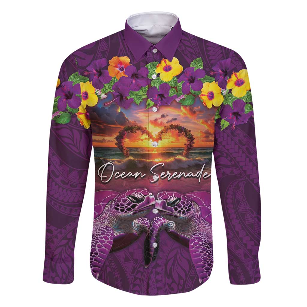 Hawaiian Turtle Love Couple Family Matching Long Sleeve Bodycon Dress and Hawaiian Shirt Ocean Serenade - Honu Honi Ihu with Hibiscus and Romantic Sunset Purple Color