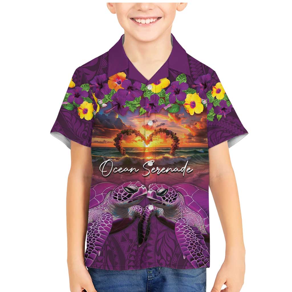 Hawaiian Turtle Love Couple Family Matching Mermaid Dress and Hawaiian Shirt Ocean Serenade - Honu Honi Ihu with Hibiscus and Romantic Sunset Purple Color