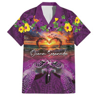 Hawaiian Turtle Love Couple Family Matching Puletasi and Hawaiian Shirt Ocean Serenade - Honu Honi Ihu with Hibiscus and Romantic Sunset Purple Color