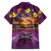 Hawaiian Turtle Love Couple Family Matching Short Sleeve Bodycon Dress and Hawaiian Shirt Ocean Serenade - Honu Honi Ihu with Hibiscus and Romantic Sunset Purple Color