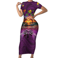 Hawaiian Turtle Love Couple Family Matching Short Sleeve Bodycon Dress and Hawaiian Shirt Ocean Serenade - Honu Honi Ihu with Hibiscus and Romantic Sunset Purple Color