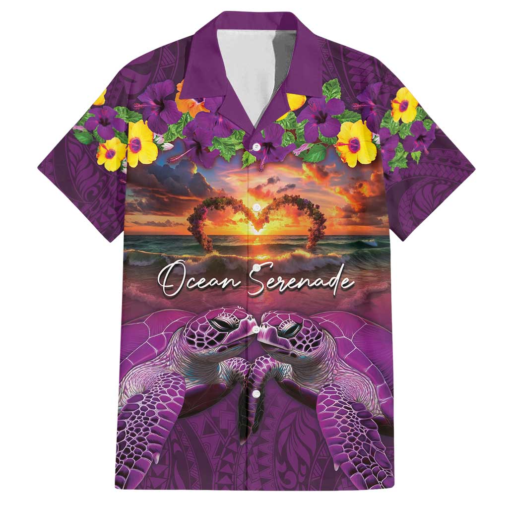 Hawaiian Turtle Love Couple Family Matching Summer Maxi Dress and Hawaiian Shirt Ocean Serenade - Honu Honi Ihu with Hibiscus and Romantic Sunset Purple Color