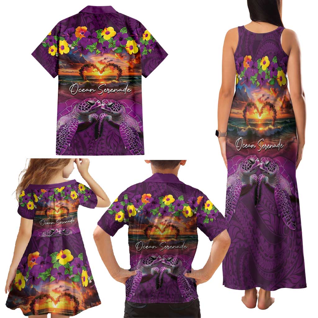 Hawaiian Turtle Love Couple Family Matching Tank Maxi Dress and Hawaiian Shirt Ocean Serenade - Honu Honi Ihu with Hibiscus and Romantic Sunset Purple Color