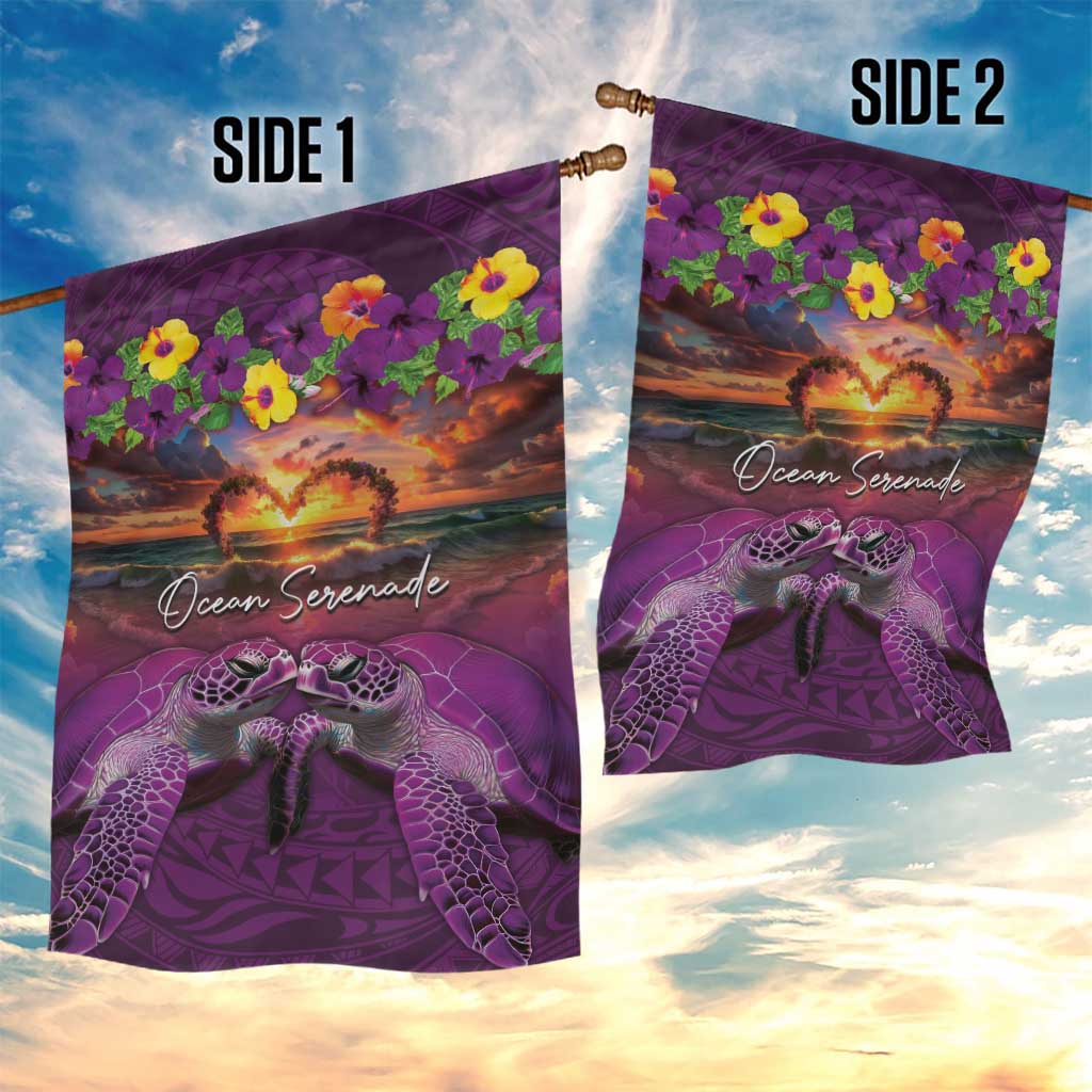 Hawaiian Turtle Love Couple Garden Flag Ocean Serenade - Honu Honi Ihu with Hibiscus and Romantic Sunset Purple Color