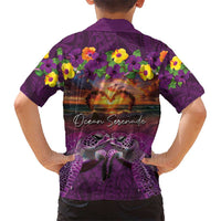 Hawaiian Turtle Love Couple Kid Hawaiian Shirt Ocean Serenade - Honu Honi Ihu with Hibiscus and Romantic Sunset Purple Color