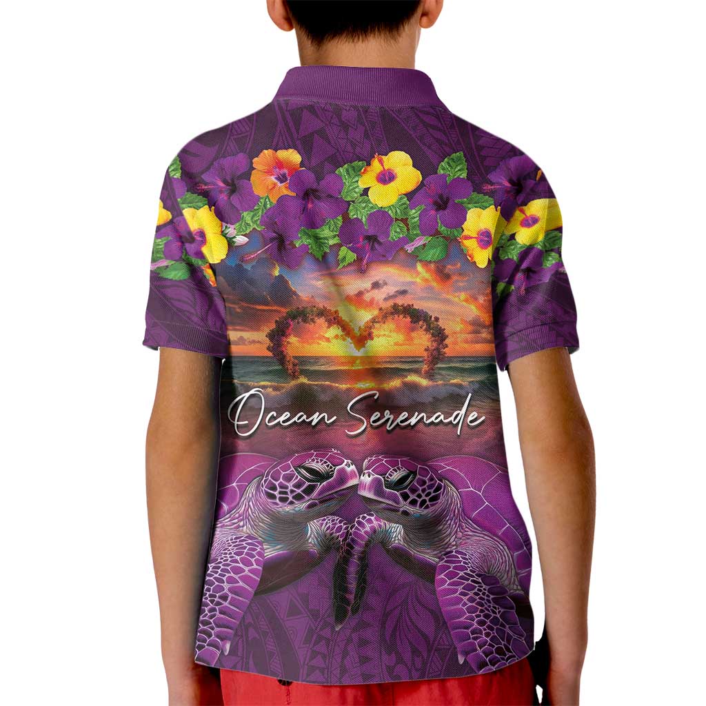 Hawaiian Turtle Love Couple Kid Polo Shirt Ocean Serenade - Honu Honi Ihu with Hibiscus and Romantic Sunset Purple Color