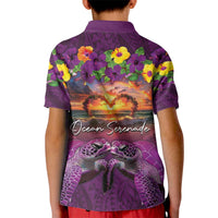 Hawaiian Turtle Love Couple Kid Polo Shirt Ocean Serenade - Honu Honi Ihu with Hibiscus and Romantic Sunset Purple Color