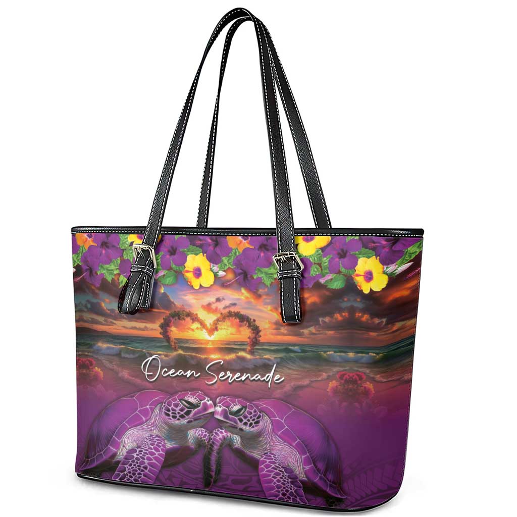 Hawaiian Turtle Love Couple Leather Tote Bag Ocean Serenade - Honu Honi Ihu with Hibiscus and Romantic Sunset Purple Color