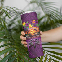 Hawaiian Turtle Love Couple Skinny Tumbler Ocean Serenade - Honu Honi Ihu with Hibiscus and Romantic Sunset Purple Color