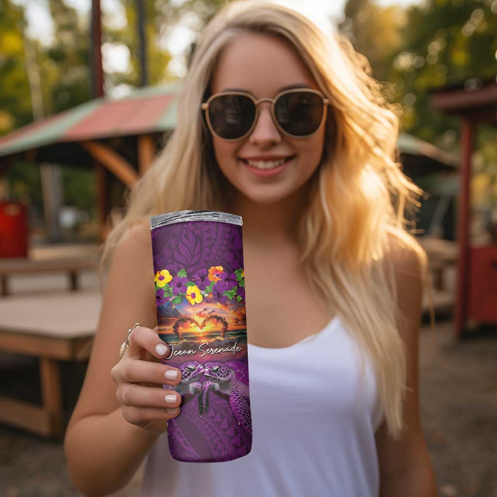 Hawaiian Turtle Love Couple Skinny Tumbler Ocean Serenade - Honu Honi Ihu with Hibiscus and Romantic Sunset Purple Color