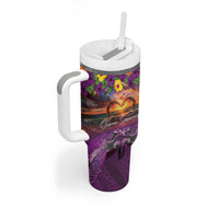 Hawaiian Turtle Love Couple Tumbler With Handle Ocean Serenade - Honu Honi Ihu with Hibiscus and Romantic Sunset Purple Color