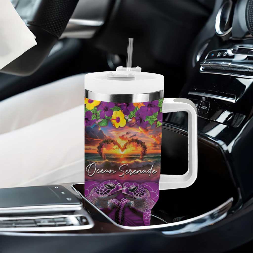 Hawaiian Turtle Love Couple Tumbler With Handle Ocean Serenade - Honu Honi Ihu with Hibiscus and Romantic Sunset Purple Color