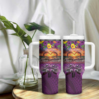 Hawaiian Turtle Love Couple Tumbler With Handle Ocean Serenade - Honu Honi Ihu with Hibiscus and Romantic Sunset Purple Color
