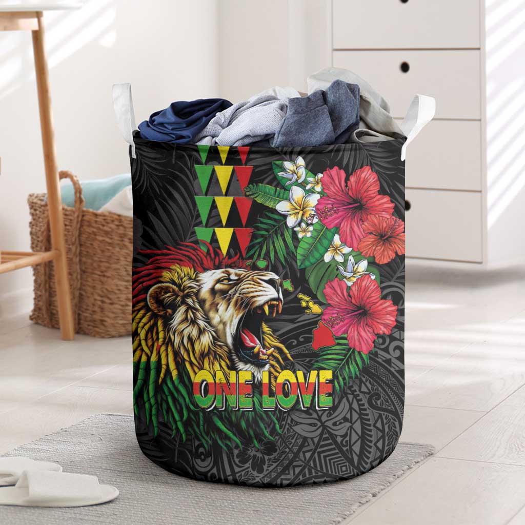 Hawaiian One Love Laundry Basket Reggae Lion Tropical Plants and Kakau with Tribal Pattern