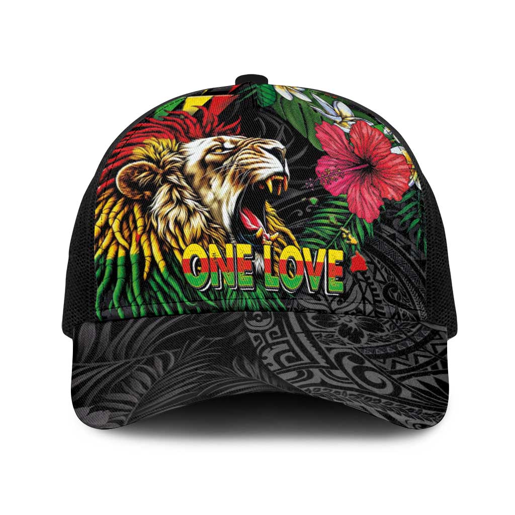 Hawaiian One Love Baseball Net Cap Reggae Lion Tropical Plants and Kakau with Tribal Pattern LT03 One Size Black Black - Polynesian Pride
