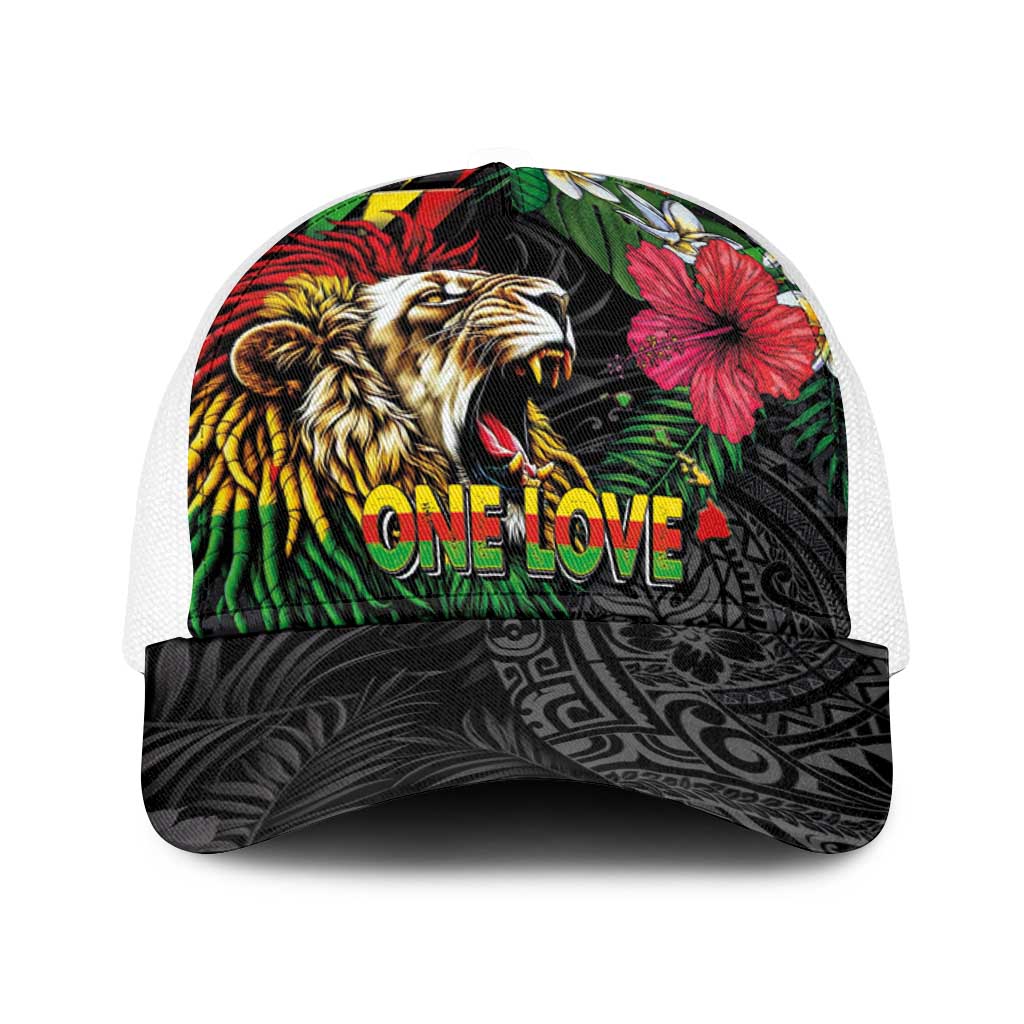 Hawaiian One Love Baseball Net Cap Reggae Lion Tropical Plants and Kakau with Tribal Pattern LT03 One Size White Black - Polynesian Pride