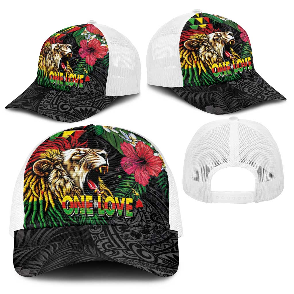 Hawaiian One Love Baseball Net Cap Reggae Lion Tropical Plants and Kakau with Tribal Pattern LT03 - Polynesian Pride