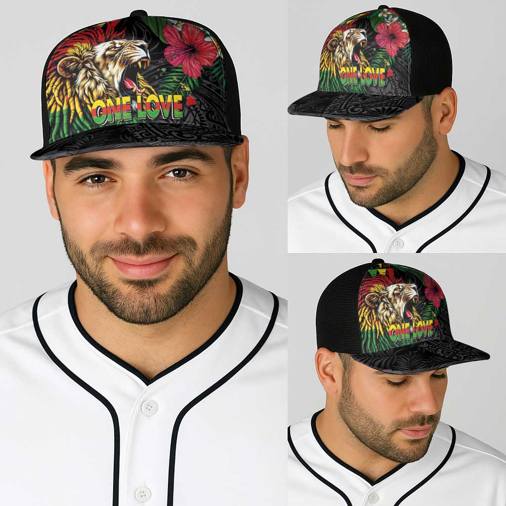 Hawaiian One Love Baseball Net Cap Reggae Lion Tropical Plants and Kakau with Tribal Pattern LT03 - Polynesian Pride