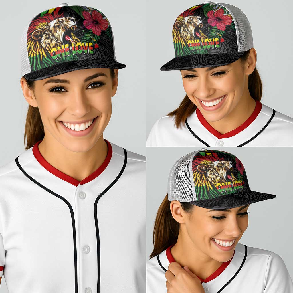 Hawaiian One Love Baseball Net Cap Reggae Lion Tropical Plants and Kakau with Tribal Pattern LT03 - Polynesian Pride