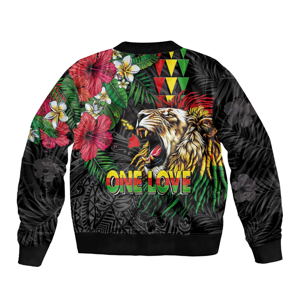 Hawaiian One Love Bomber Jacket Reggae Lion Tropical Plants and Kakau with Tribal Pattern LT03 - Polynesian Pride