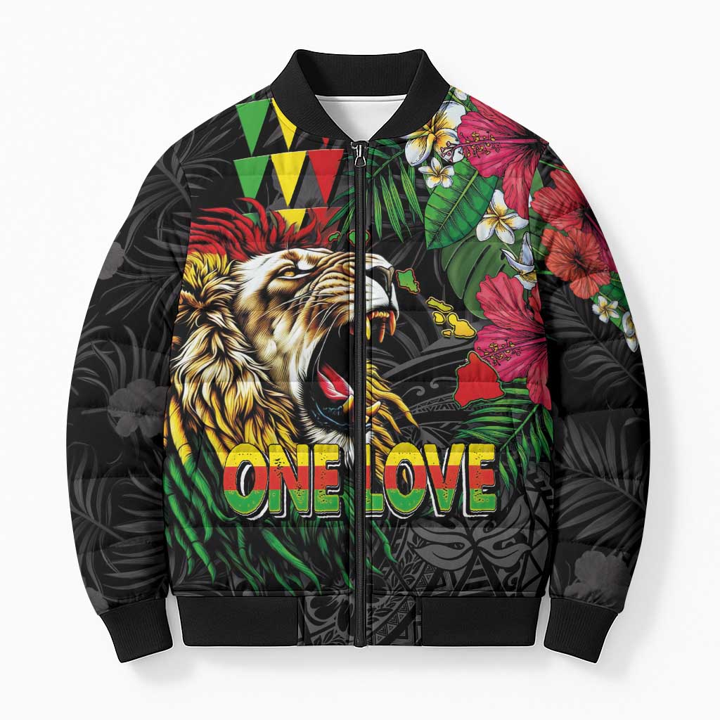 Hawaiian One Love Bomber Puffer Jacket Reggae Lion Tropical Plants and Kakau with Tribal Pattern