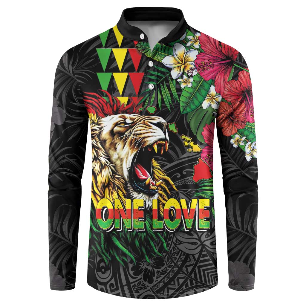 Hawaiian One Love Button Sweatshirt Reggae Lion Tropical Plants and Kakau with Tribal Pattern