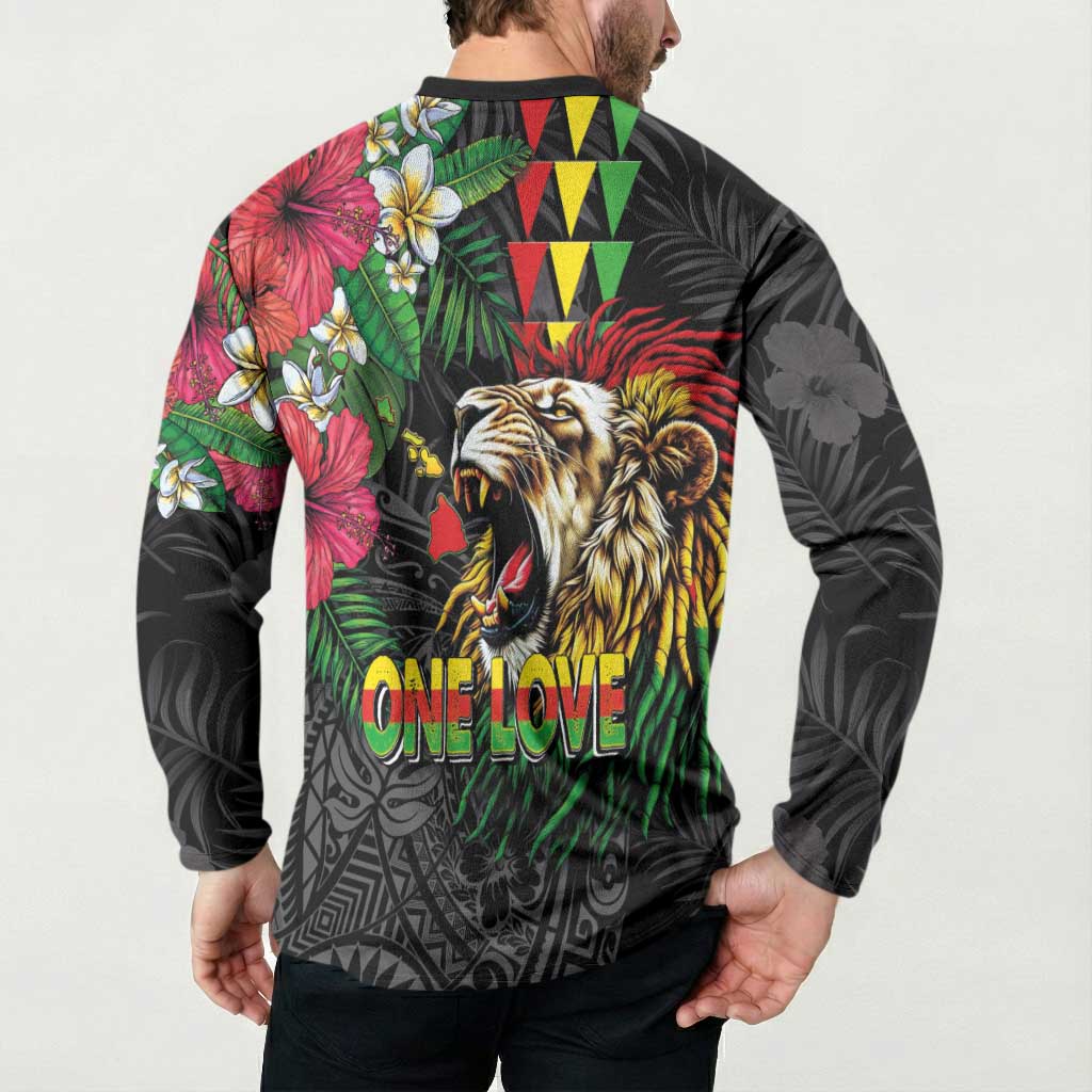 Hawaiian One Love Button Sweatshirt Reggae Lion Tropical Plants and Kakau with Tribal Pattern