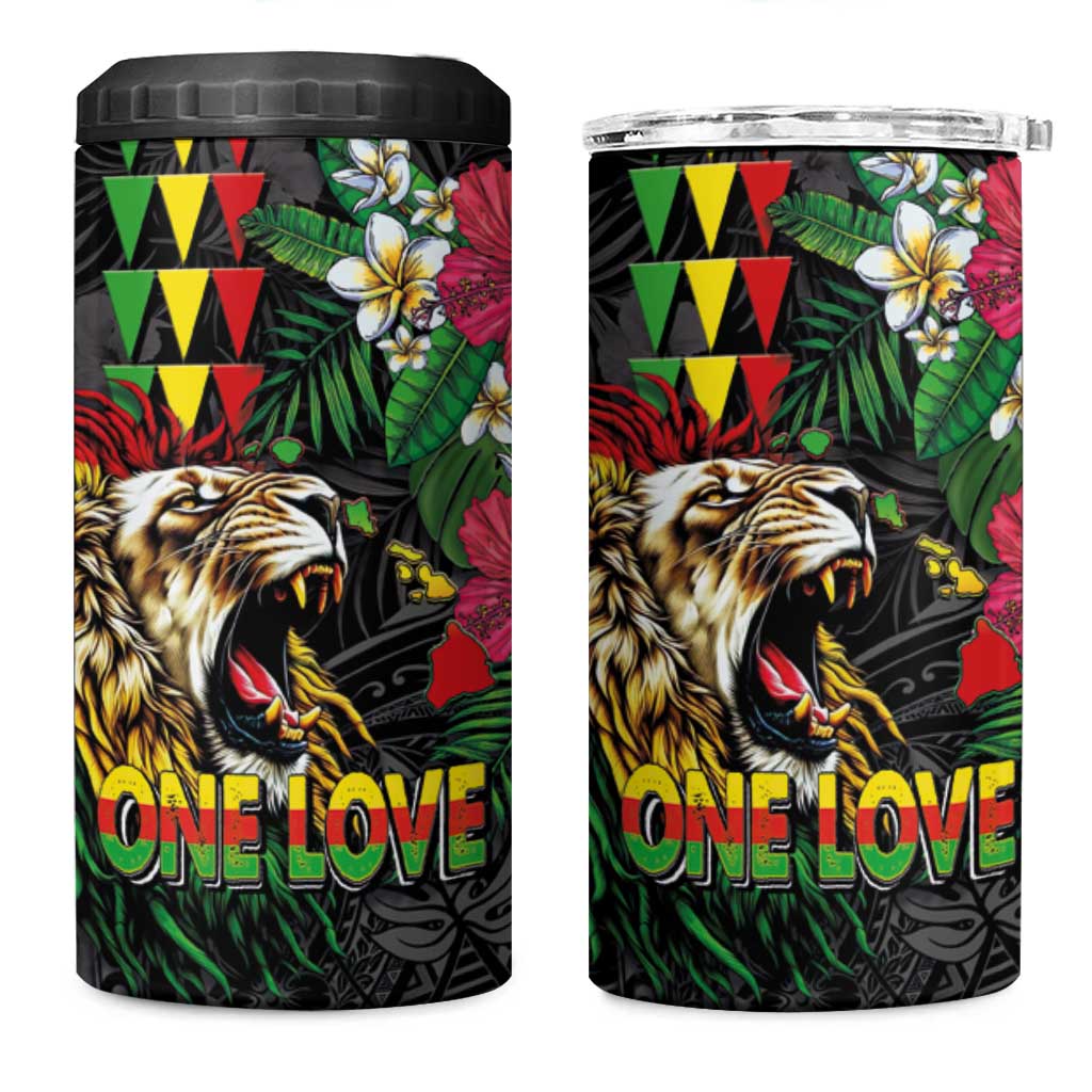 Hawaiian One Love 4 in 1 Can Cooler Tumbler Reggae Lion Tropical Plants and Kakau with Tribal Pattern LT03 One Size: 16 oz Black - Polynesian Pride
