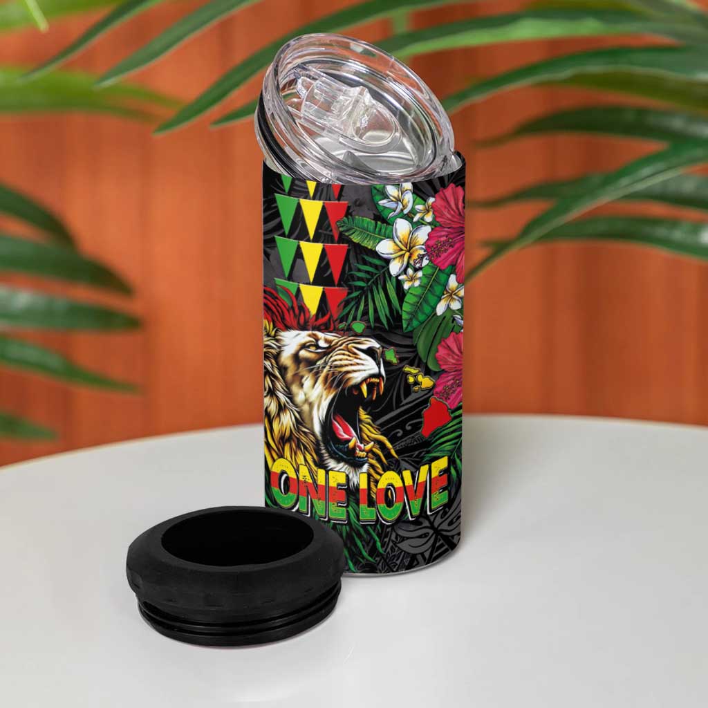 Hawaiian One Love 4 in 1 Can Cooler Tumbler Reggae Lion Tropical Plants and Kakau with Tribal Pattern LT03 - Polynesian Pride