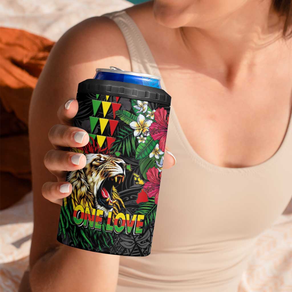 Hawaiian One Love 4 in 1 Can Cooler Tumbler Reggae Lion Tropical Plants and Kakau with Tribal Pattern LT03 - Polynesian Pride