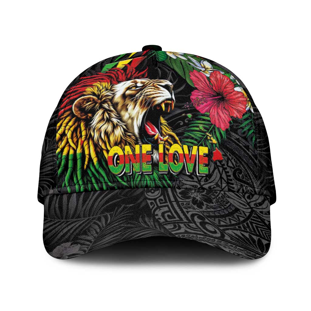 Hawaiian One Love Classic Cap Reggae Lion Tropical Plants and Kakau with Tribal Pattern LT03 Universal Fit Black - Polynesian Pride