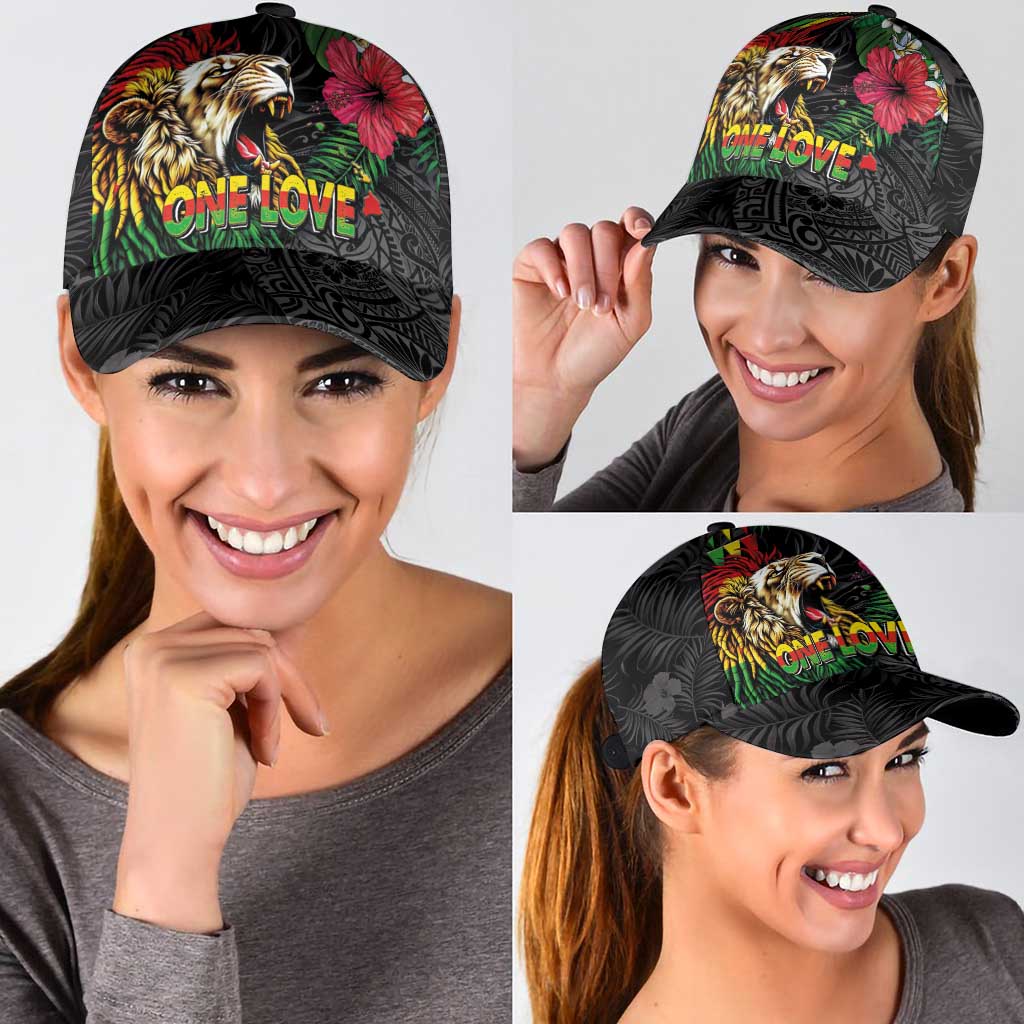 Hawaiian One Love Classic Cap Reggae Lion Tropical Plants and Kakau with Tribal Pattern LT03 - Polynesian Pride