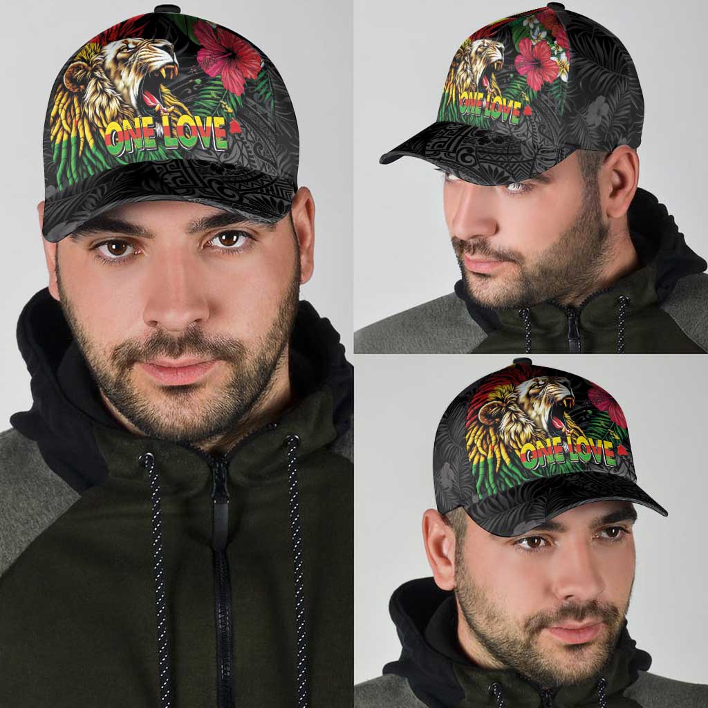 Hawaiian One Love Classic Cap Reggae Lion Tropical Plants and Kakau with Tribal Pattern LT03 - Polynesian Pride