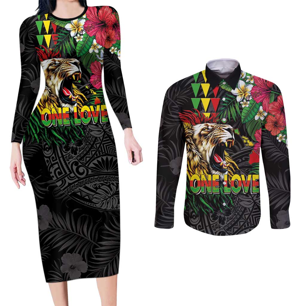 Hawaiian One Love Couples Matching Long Sleeve Bodycon Dress and Long Sleeve Button Shirt Reggae Lion Tropical Plants and Kakau with Tribal Pattern