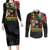 Hawaiian One Love Couples Matching Long Sleeve Bodycon Dress and Long Sleeve Button Shirt Reggae Lion Tropical Plants and Kakau with Tribal Pattern
