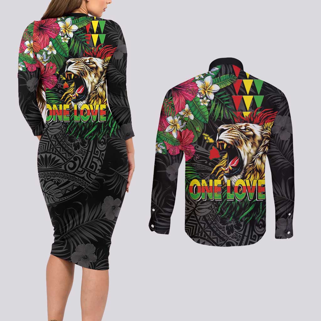 Hawaiian One Love Couples Matching Long Sleeve Bodycon Dress and Long Sleeve Button Shirt Reggae Lion Tropical Plants and Kakau with Tribal Pattern