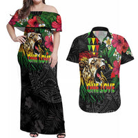 Hawaiian One Love Couples Matching Off Shoulder Maxi Dress and Hawaiian Shirt Reggae Lion Tropical Plants and Kakau with Tribal Pattern