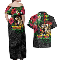 Hawaiian One Love Couples Matching Off Shoulder Maxi Dress and Hawaiian Shirt Reggae Lion Tropical Plants and Kakau with Tribal Pattern