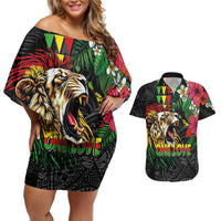 Hawaiian One Love Couples Matching Off Shoulder Short Dress and Hawaiian Shirt Reggae Lion Tropical Plants and Kakau with Tribal Pattern
