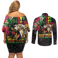 Hawaiian One Love Couples Matching Off Shoulder Short Dress and Long Sleeve Button Shirt Reggae Lion Tropical Plants and Kakau with Tribal Pattern