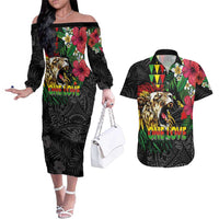 Hawaiian One Love Couples Matching Off The Shoulder Long Sleeve Dress and Hawaiian Shirt Reggae Lion Tropical Plants and Kakau with Tribal Pattern
