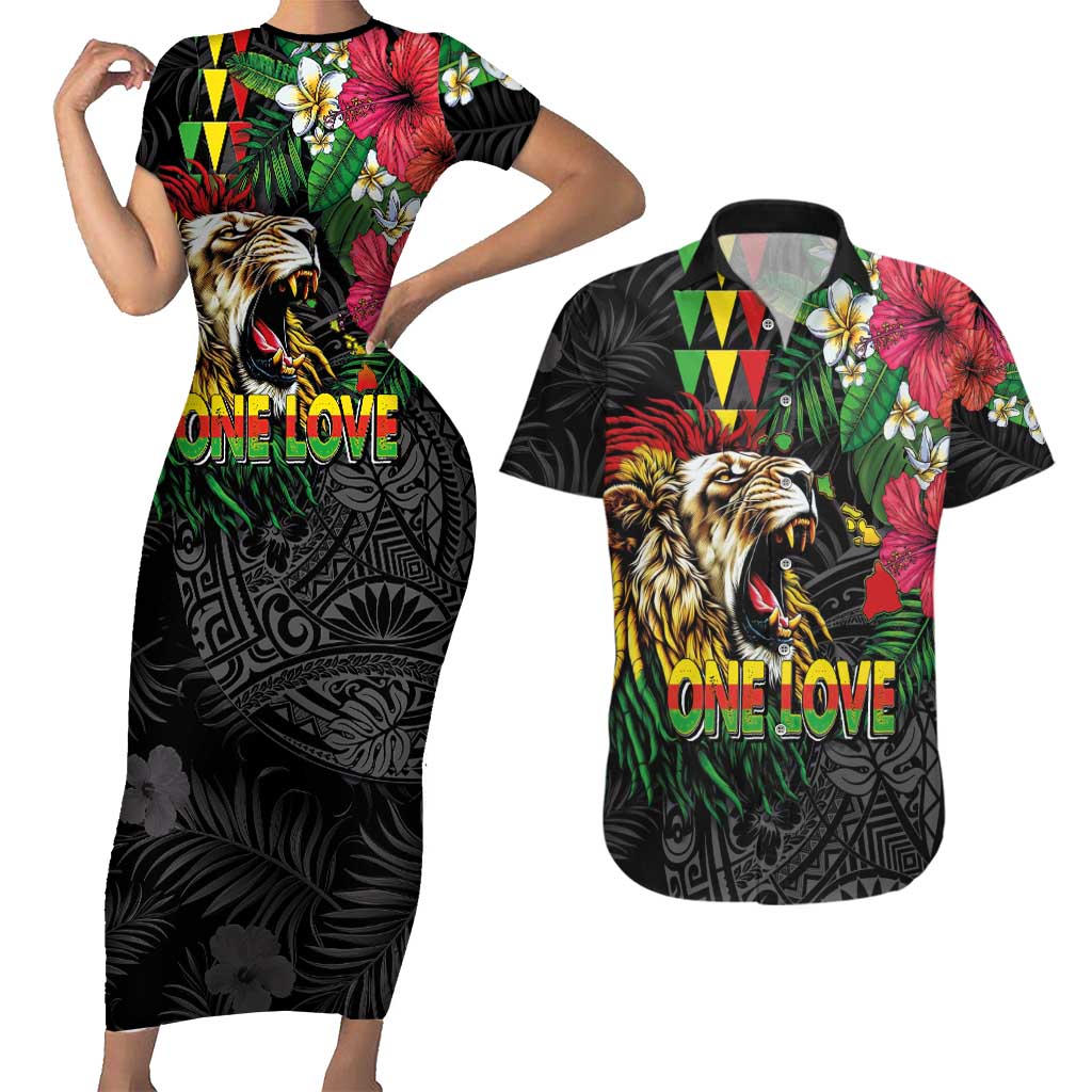 Hawaiian One Love Couples Matching Short Sleeve Bodycon Dress and Hawaiian Shirt Reggae Lion Tropical Plants and Kakau with Tribal Pattern