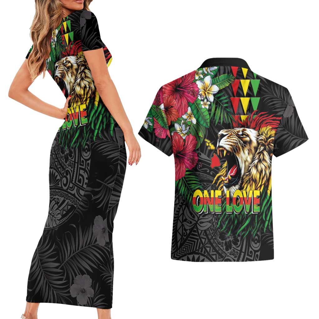 Hawaiian One Love Couples Matching Short Sleeve Bodycon Dress and Hawaiian Shirt Reggae Lion Tropical Plants and Kakau with Tribal Pattern