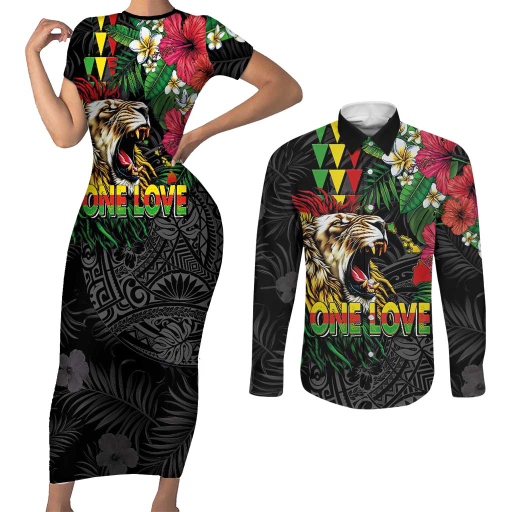 Hawaiian One Love Couples Matching Short Sleeve Bodycon Dress and Long Sleeve Button Shirt Reggae Lion Tropical Plants and Kakau with Tribal Pattern