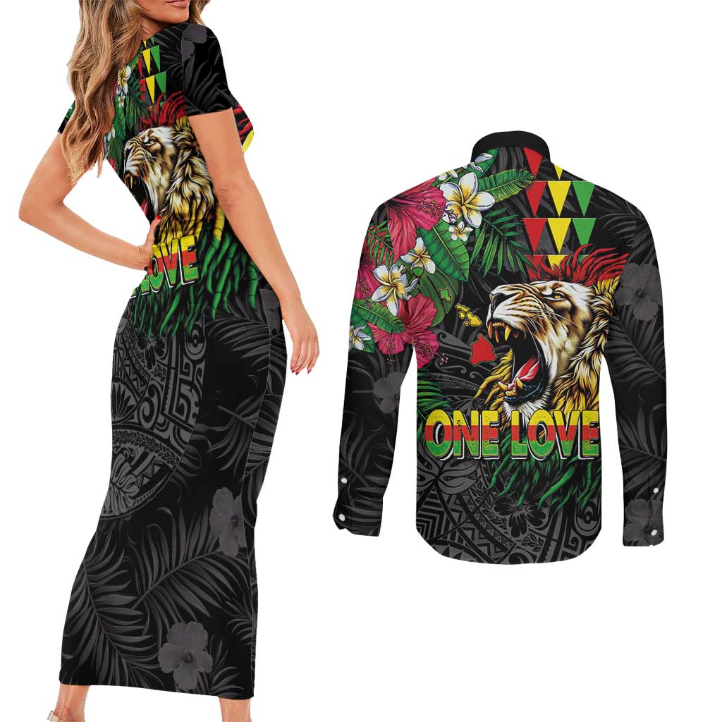 Hawaiian One Love Couples Matching Short Sleeve Bodycon Dress and Long Sleeve Button Shirt Reggae Lion Tropical Plants and Kakau with Tribal Pattern