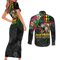 Hawaiian One Love Couples Matching Short Sleeve Bodycon Dress and Long Sleeve Button Shirt Reggae Lion Tropical Plants and Kakau with Tribal Pattern