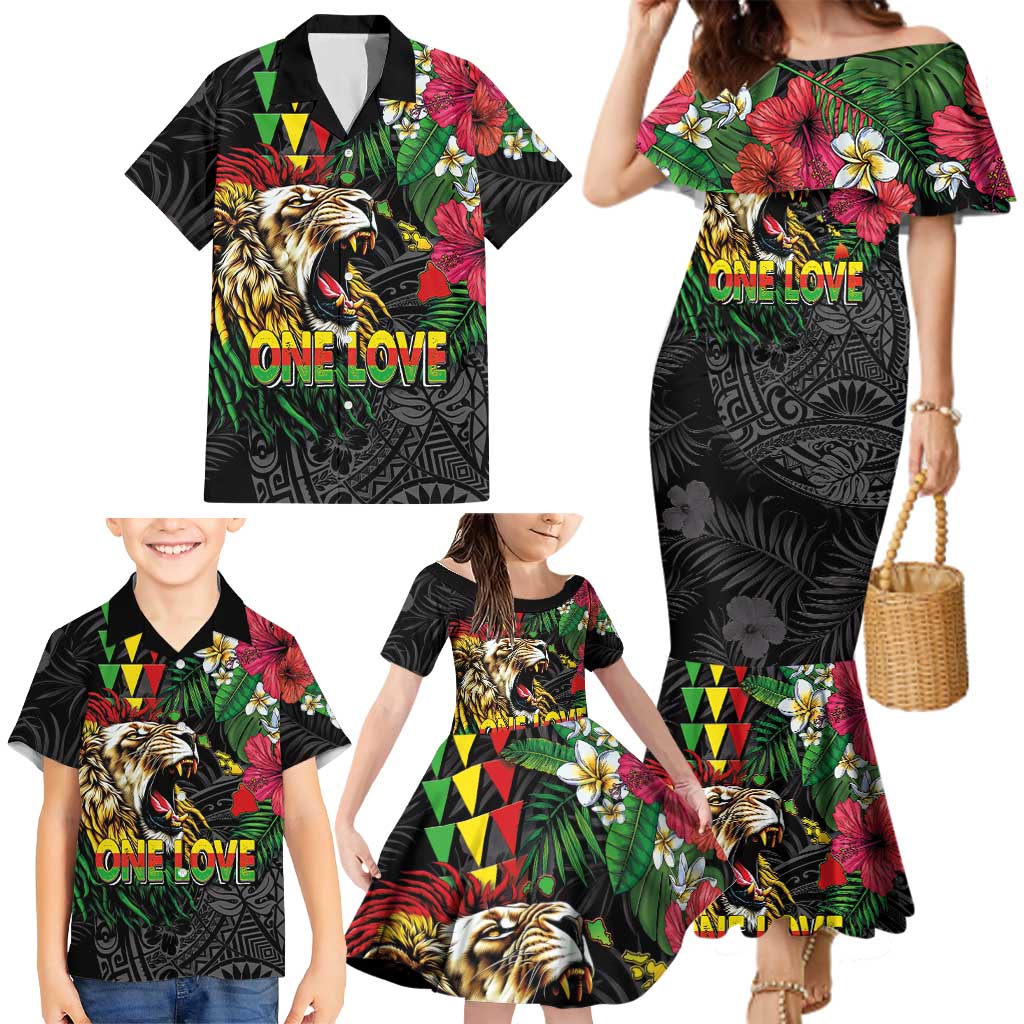 Hawaiian One Love Family Matching Mermaid Dress and Hawaiian Shirt Reggae Lion Tropical Plants and Kakau with Tribal Pattern