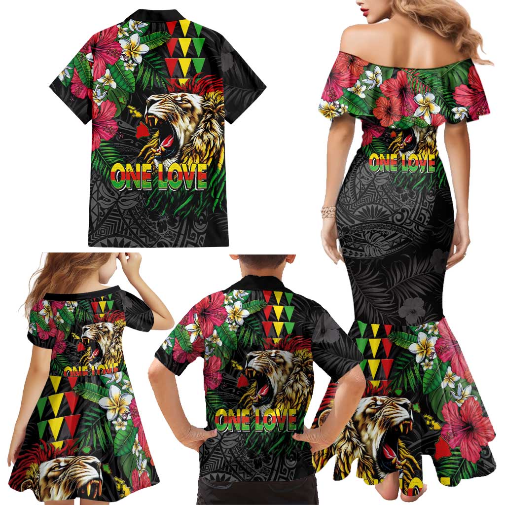 Hawaiian One Love Family Matching Mermaid Dress and Hawaiian Shirt Reggae Lion Tropical Plants and Kakau with Tribal Pattern