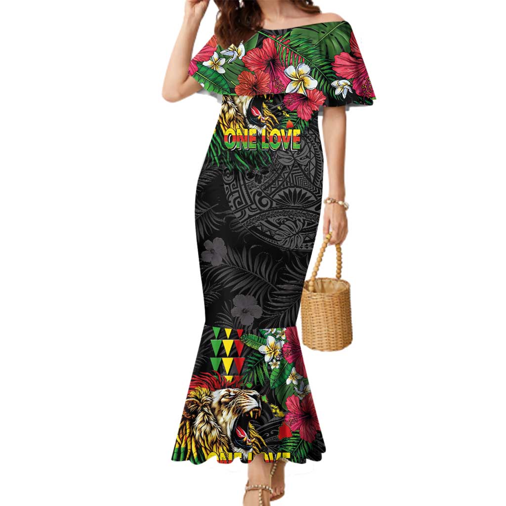 Hawaiian One Love Family Matching Mermaid Dress and Hawaiian Shirt Reggae Lion Tropical Plants and Kakau with Tribal Pattern