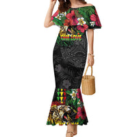 Hawaiian One Love Family Matching Mermaid Dress and Hawaiian Shirt Reggae Lion Tropical Plants and Kakau with Tribal Pattern